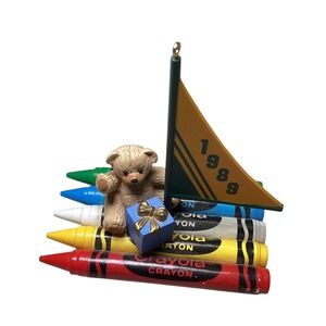 Vintage 1989 Hallmark Keepsake Crayola Crayon Teddy Bear Raft Christmas Ornament